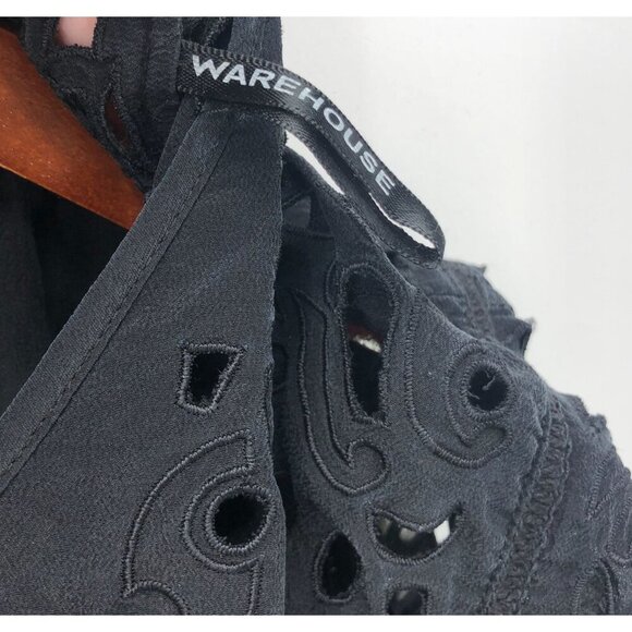 Black Warehouse Silk Dress Short Cutout Sleeves Embroidered Size 8 US 12 UK - Picture 4 of 6